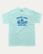 Support Local Street Cats graphic tee with bold and humorous print, Perfect Gift for Cat Lover, Cat Person Graphic T shirt,  funny and trendy graphic. Perfect for adults and gift-giving. Celadon shirt.