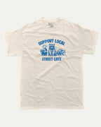 Support Local Street Cats graphic tee with bold and humorous print, Perfect Gift for Cat Lover, Cat Person Graphic T shirt,  funny and trendy graphic. Perfect for adults and gift-giving. Cream shirt.