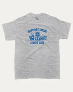 Support Local Street Cats graphic tee with bold and humorous print, Perfect Gift for Cat Lover, Cat Person Graphic T shirt,  funny and trendy graphic. Perfect for adults and gift-giving. Heather Grey shirt.