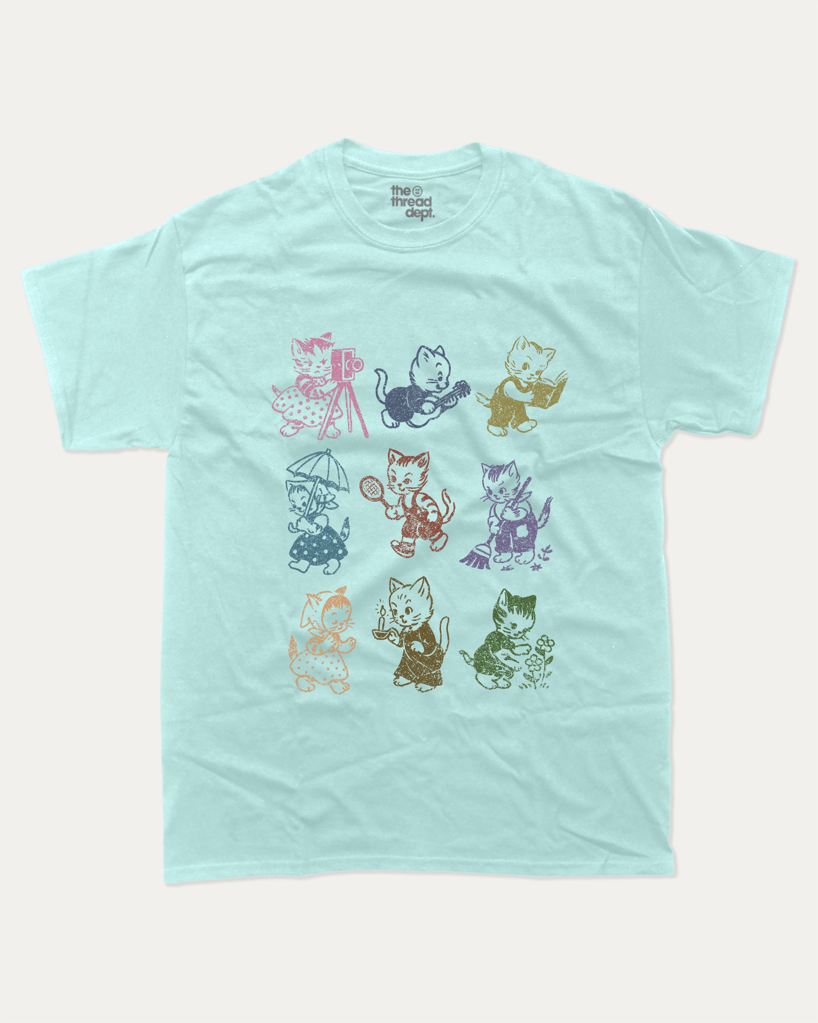 Vintage Cats graphic tee with bold and humorous print, Perfect Gift for Cat Lovers, Cat Graphic T shirt, Animal Vintage Inspired Graphic T shirt, funny and trendy graphic. Perfect for adults and gift-giving. Celadon shirt.