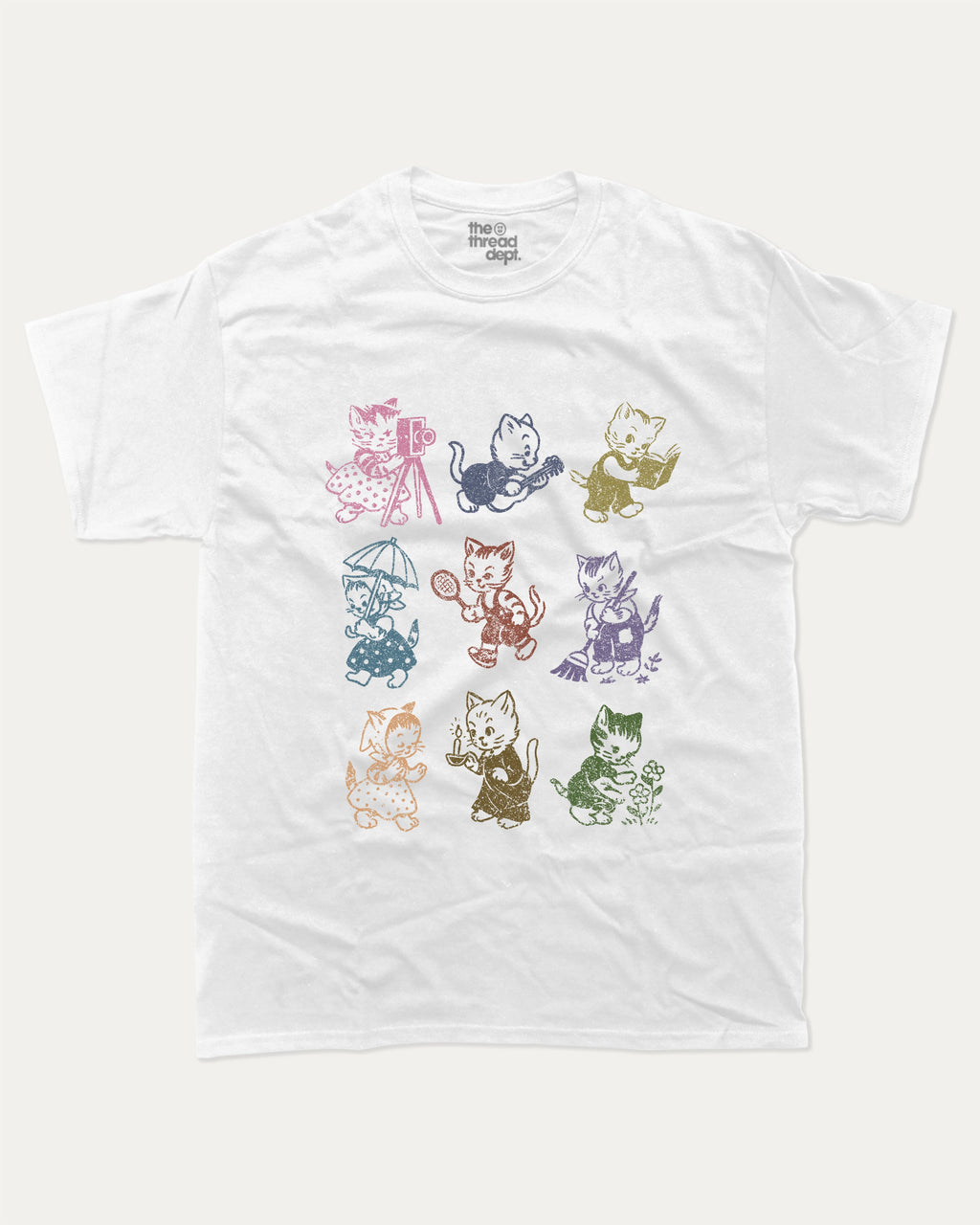 Vintage Cats graphic tee with bold and humorous print, Perfect Gift for Cat Lovers, Cat Graphic T shirt, Animal Vintage Inspired Graphic T shirt, funny and trendy graphic. Perfect for adults and gift-giving. White shirt.