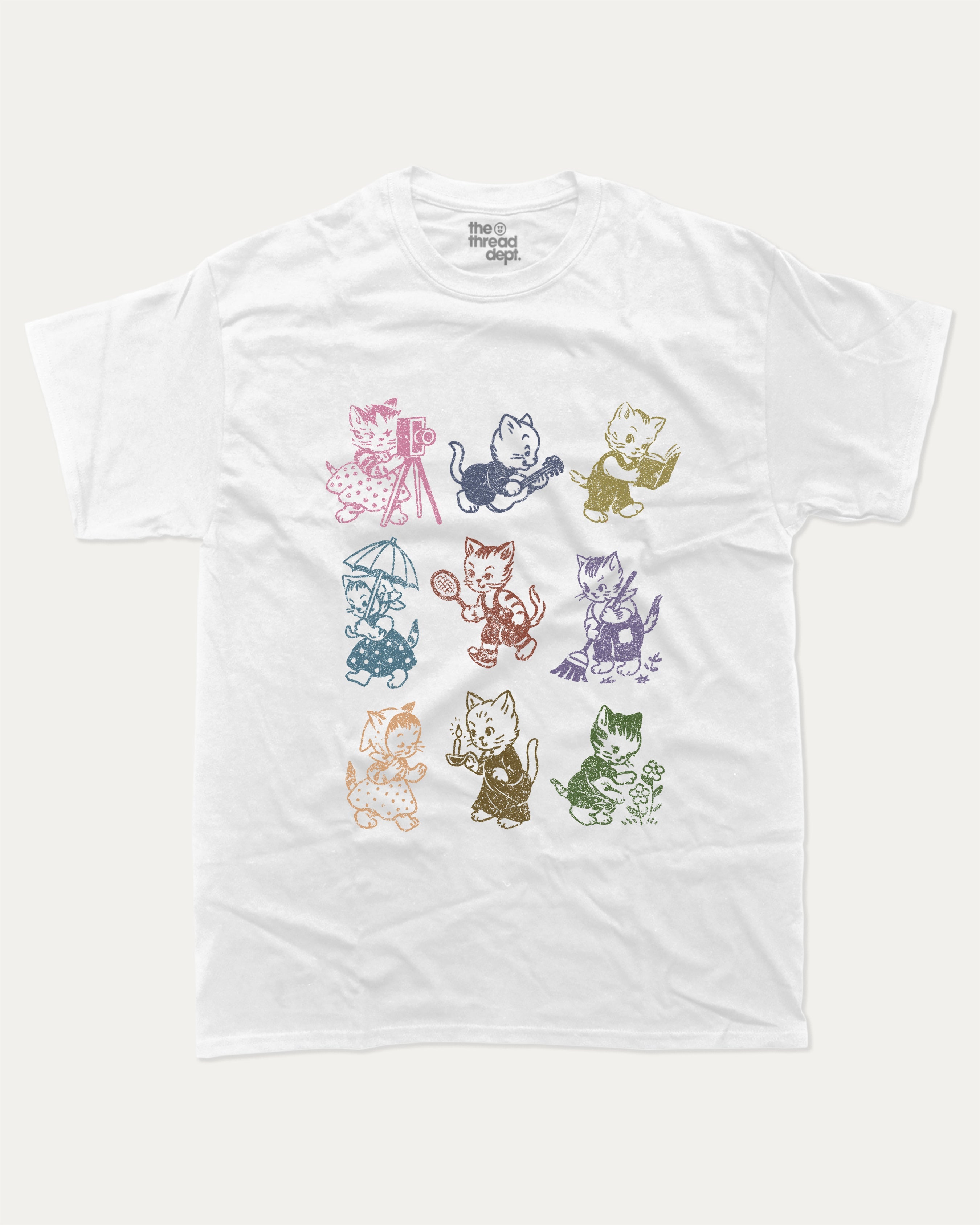 Vintage Cats graphic tee with bold and humorous print, Perfect Gift for Cat Lovers, Cat Graphic T shirt, Animal Vintage Inspired Graphic T shirt, funny and trendy graphic. Perfect for adults and gift-giving. White shirt.