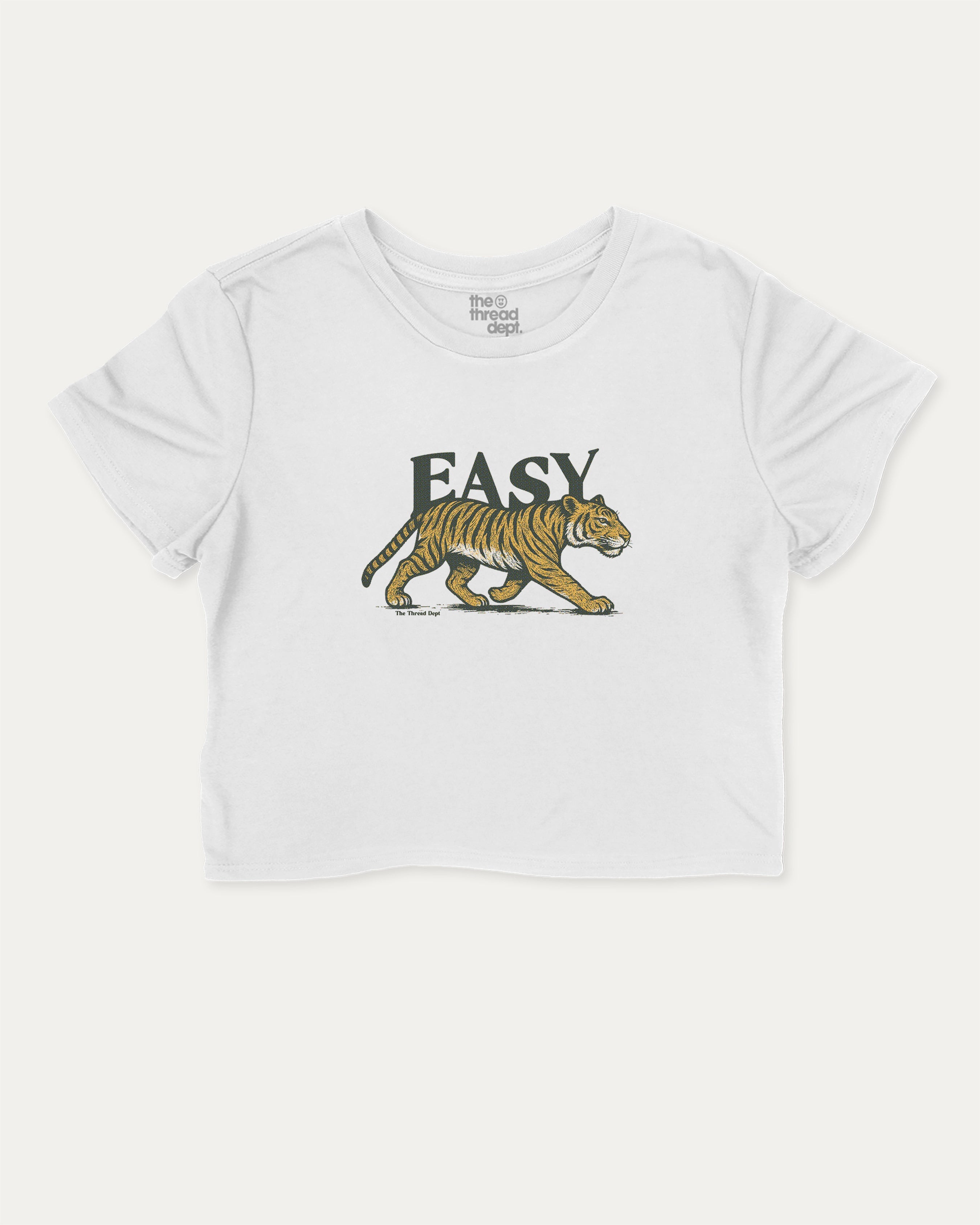 Vintage Easy Tiger graphic crop tee with funny and trendy slogan print, perfect for women’s casual looks or layering. White crop t-shirt.