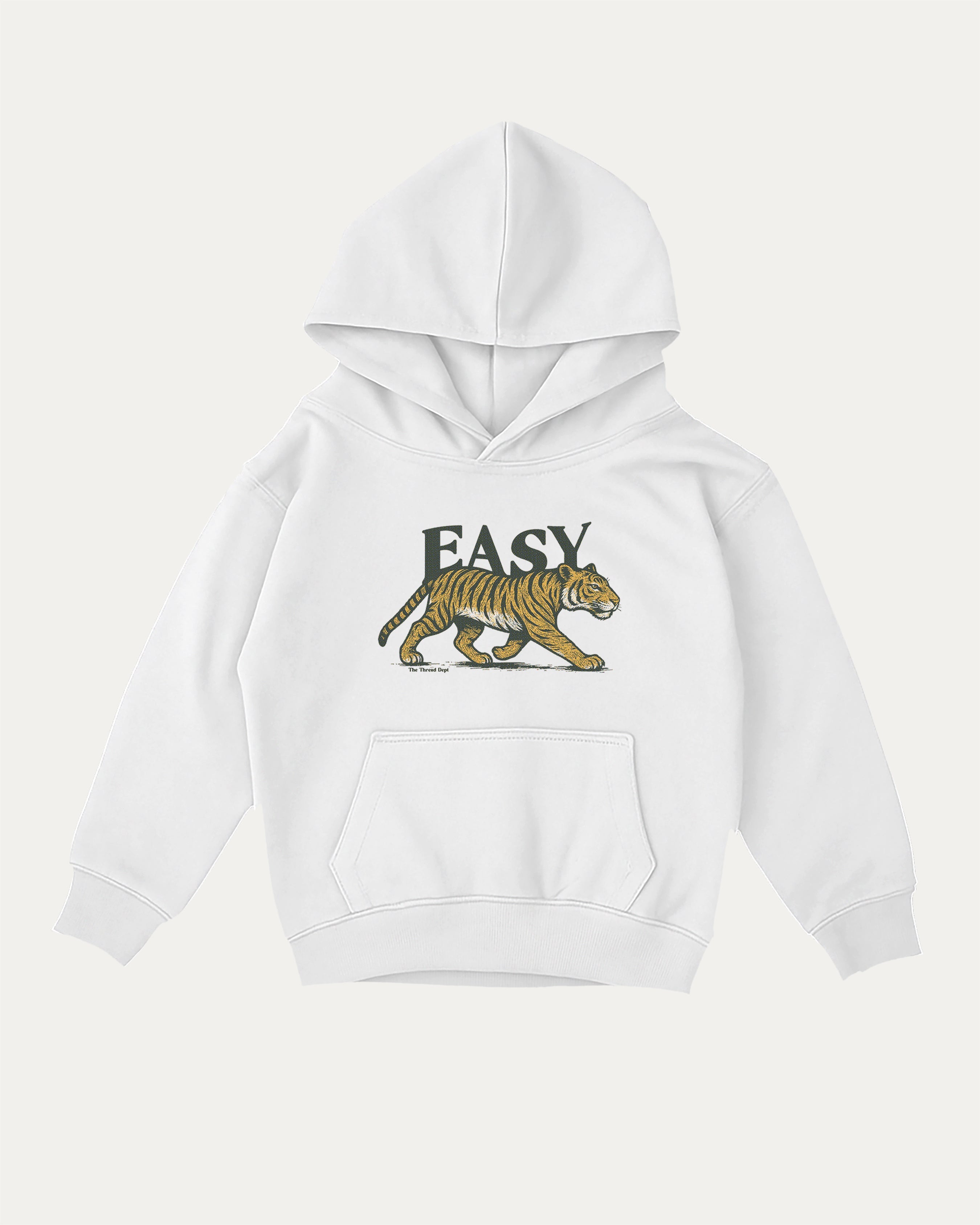 Vintage Easy Tiger kids graphic hoodie with cozy fit and fun design, perfect for school, play, and gifting. White kids sweater.