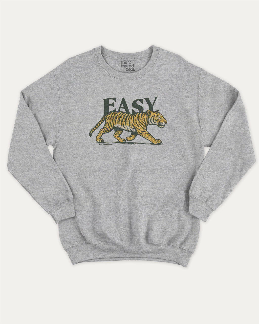 Vintage Easy Tiger graphic pullover with running tiger print, funny and vintage graphic for everyday wear. Perfect funny gifts for friends. Heather Grey pullover.