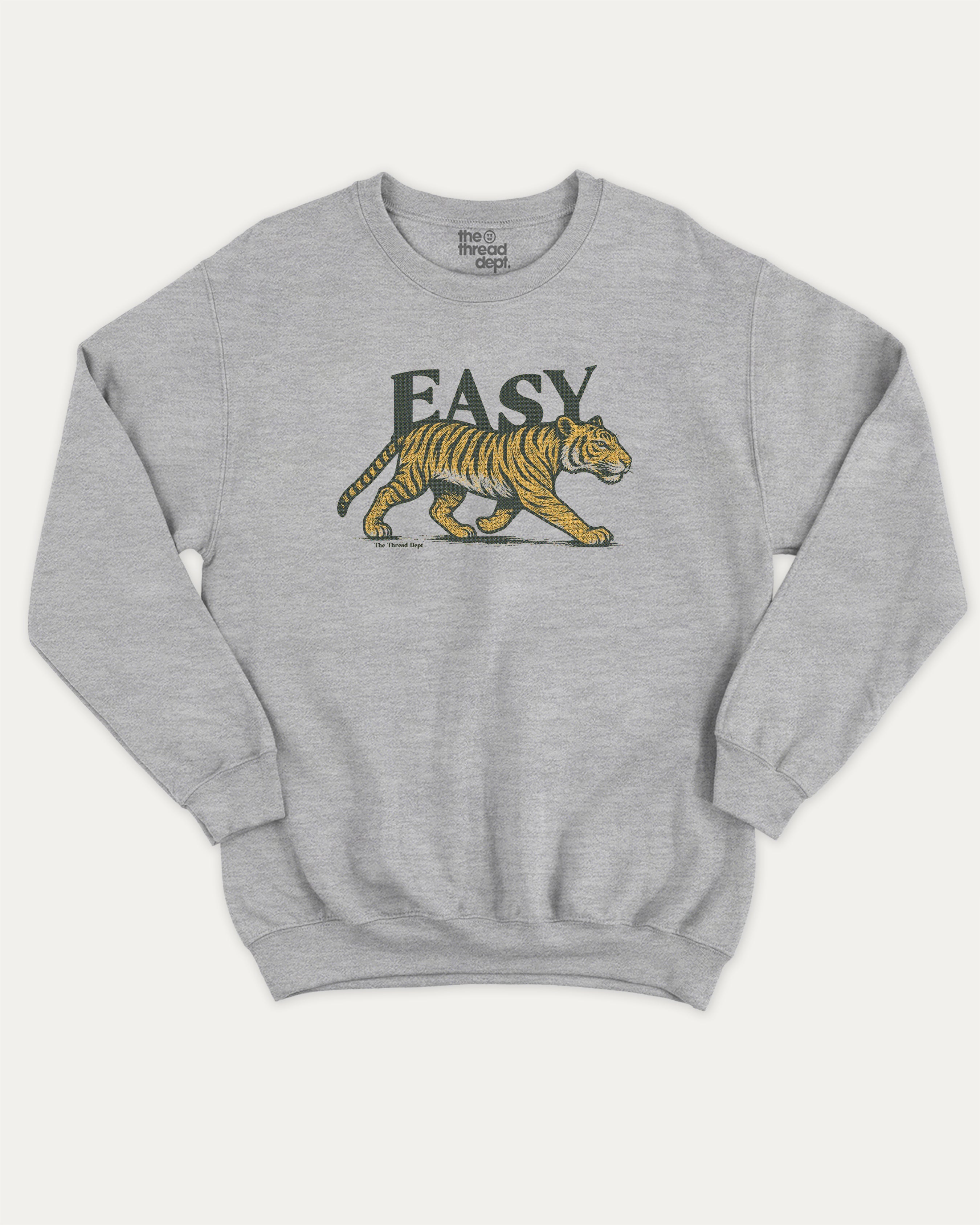 Vintage Easy Tiger graphic pullover with running tiger print, funny and vintage graphic for everyday wear. Perfect funny gifts for friends. Heather Grey pullover.