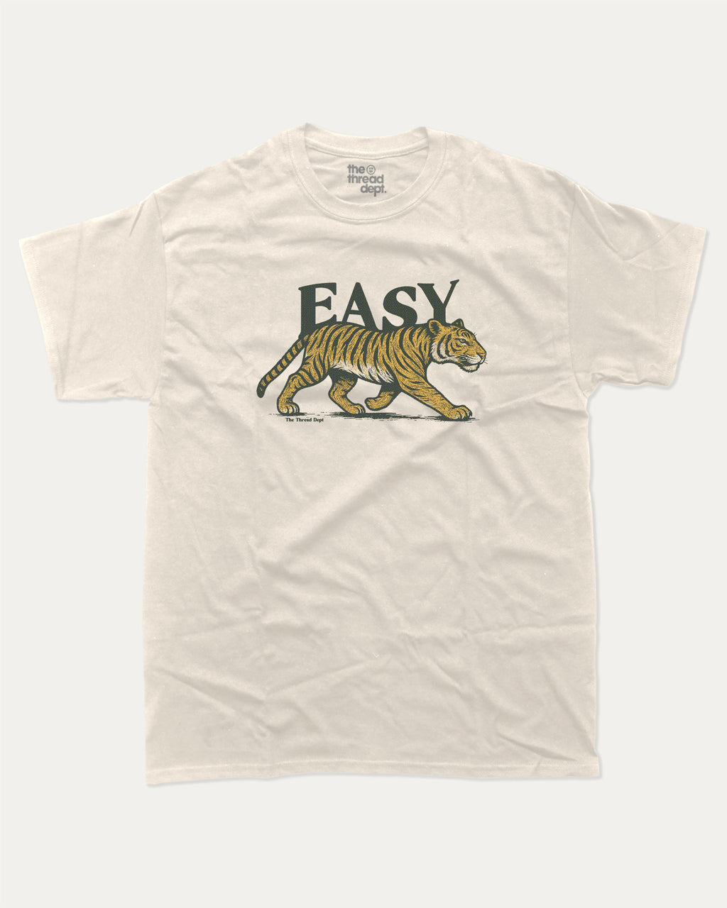 Vintage Easy Tiger graphic t-shirt with running tiger print, funny and trendy graphic. Perfect funny gifts for friends. Cream shirt.