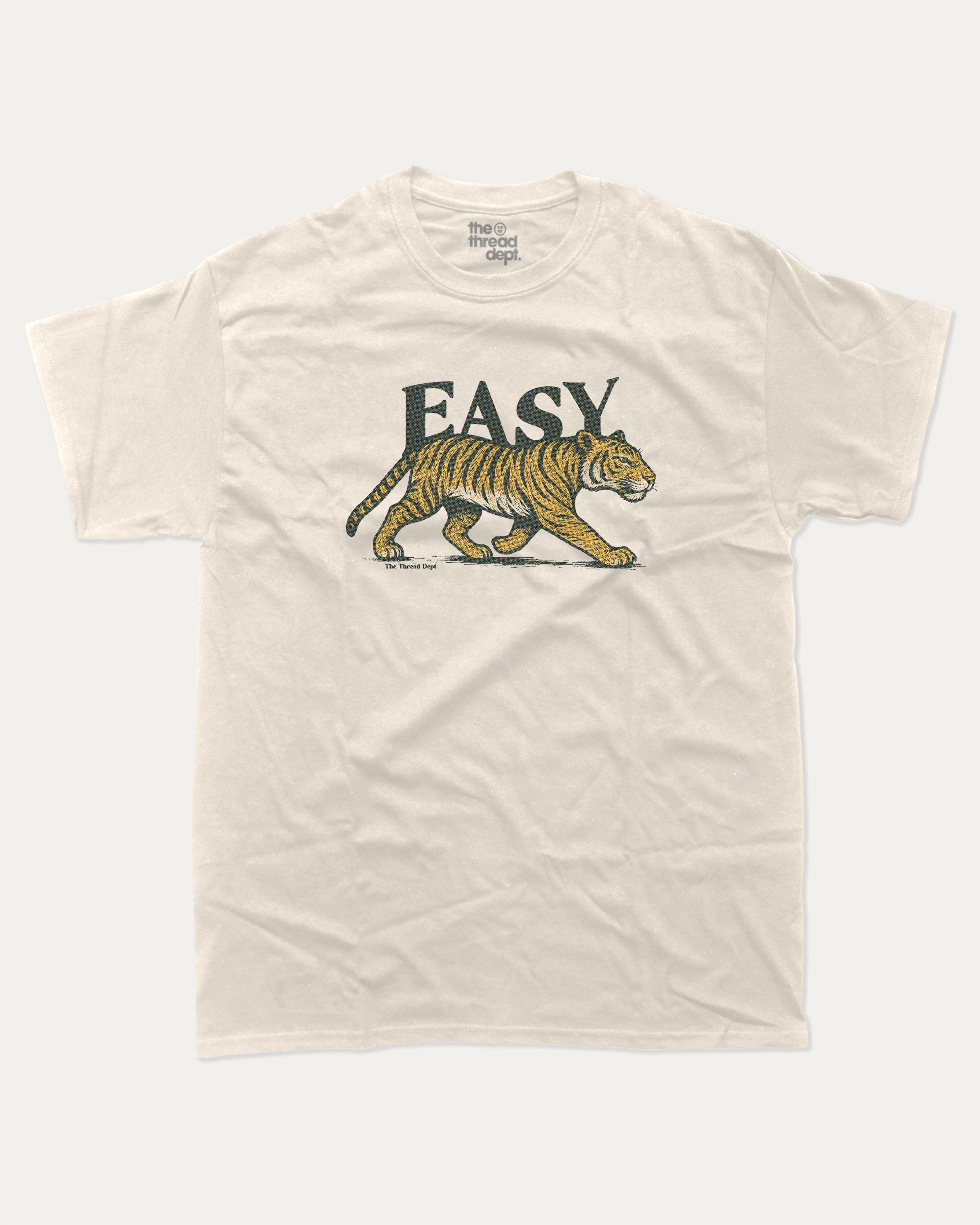 Vintage Easy Tiger graphic t-shirt with running tiger print, funny and trendy graphic. Perfect funny gifts for friends. Cream shirt.