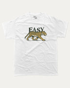 Vintage Easy Tiger graphic t-shirt with running tiger print, funny and trendy graphic. Perfect funny gifts for friends. White shirt.