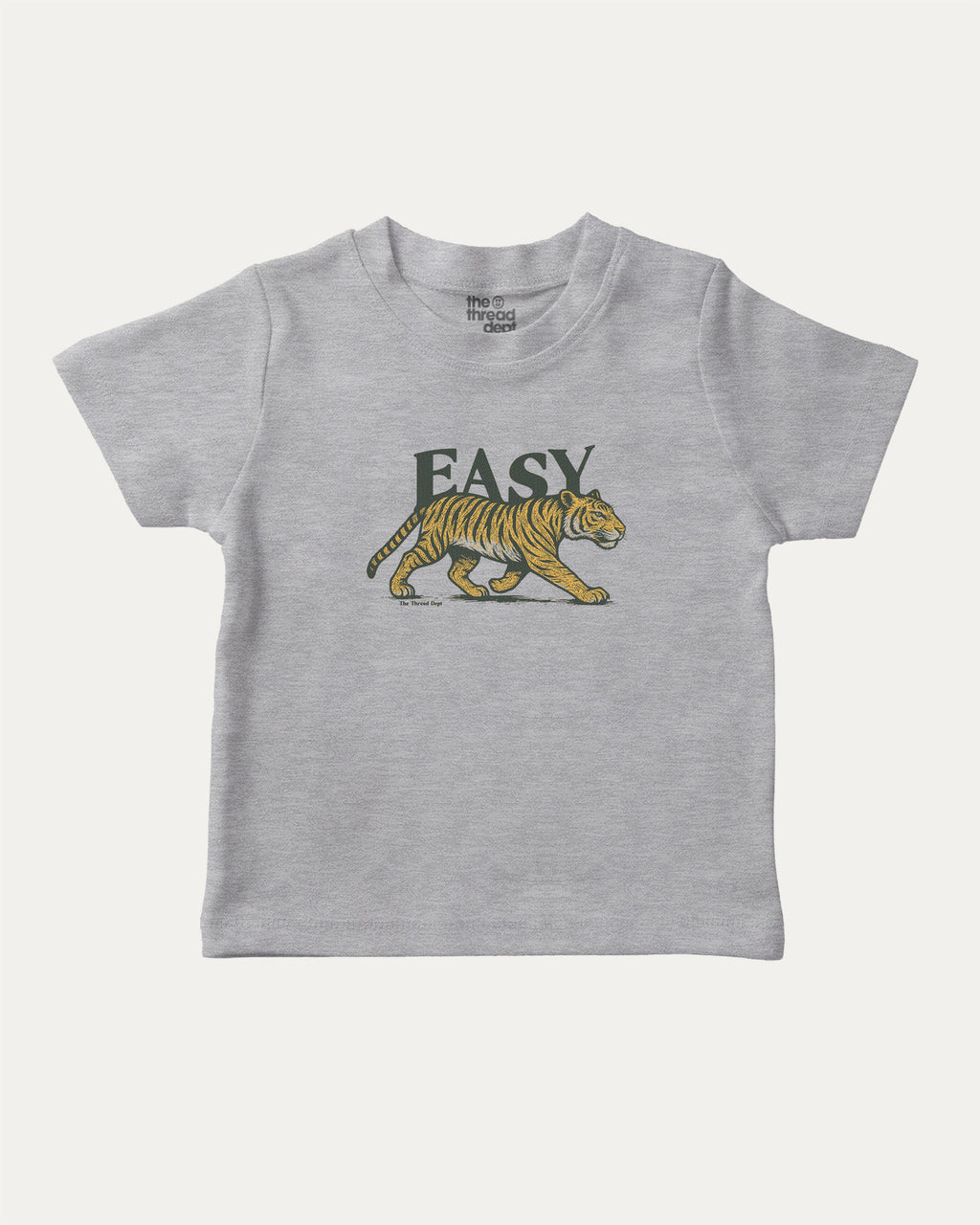 Vintage Easy Tiger graphic t-shirt with running tiger print, funny and trendy graphic. Perfect funny gifts for friends. Heather Grey shirt.