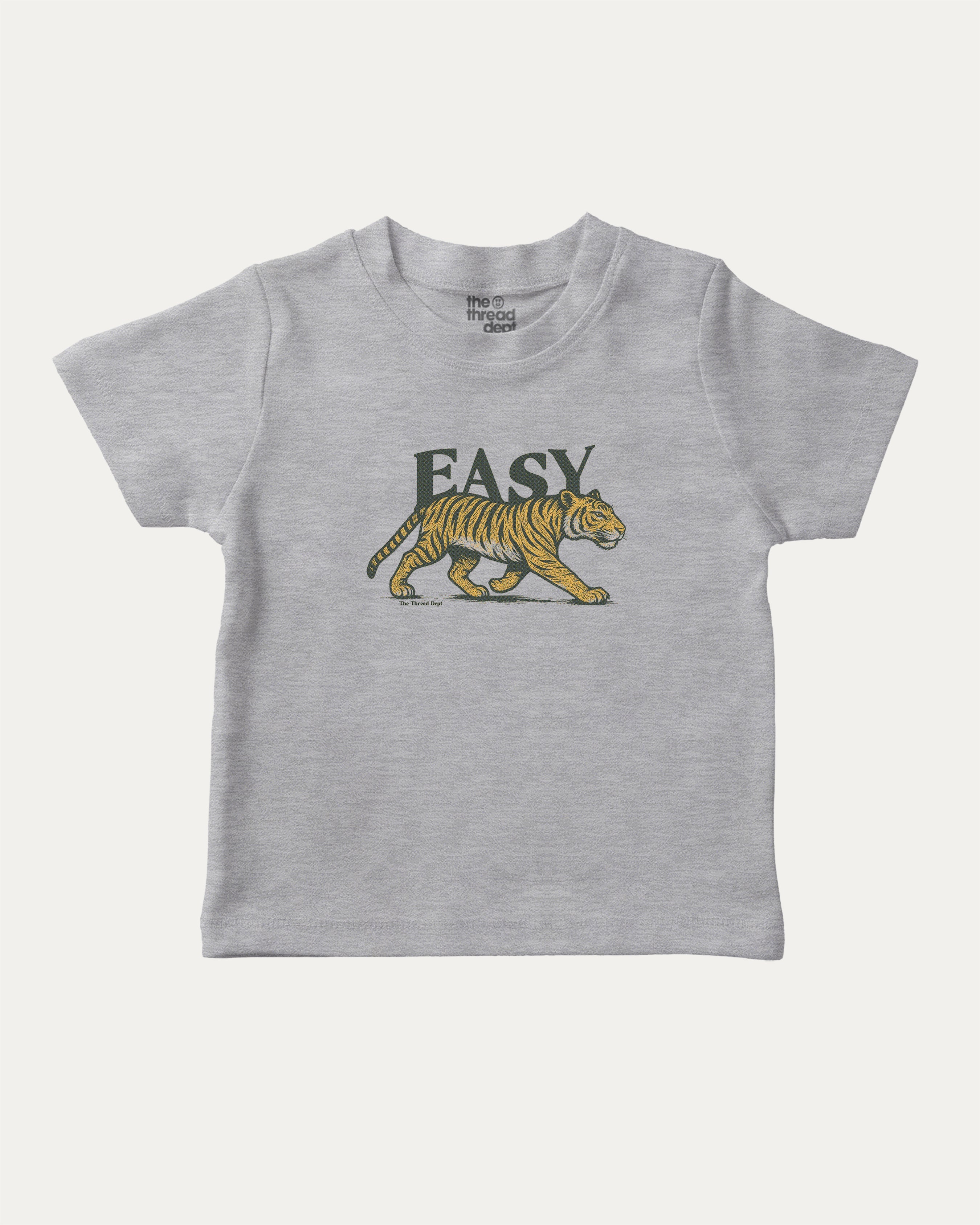 Vintage Easy Tiger graphic t-shirt with running tiger print, funny and trendy graphic. Perfect funny gifts for friends. Heather Grey shirt.