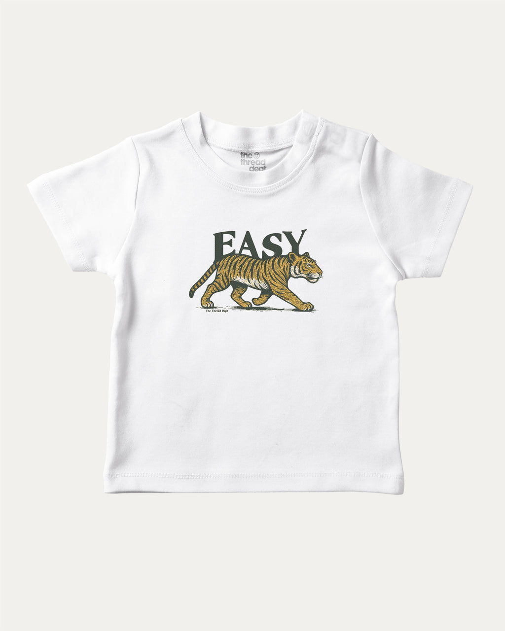 Vintage Easy Tiger graphic t-shirt with running tiger print, funny and trendy graphic. Perfect funny gifts for friends. White shirt.