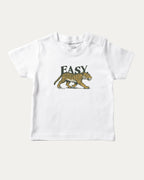 Vintage Easy Tiger graphic t-shirt with running tiger print, funny and trendy graphic. Perfect funny gifts for friends. White shirt.