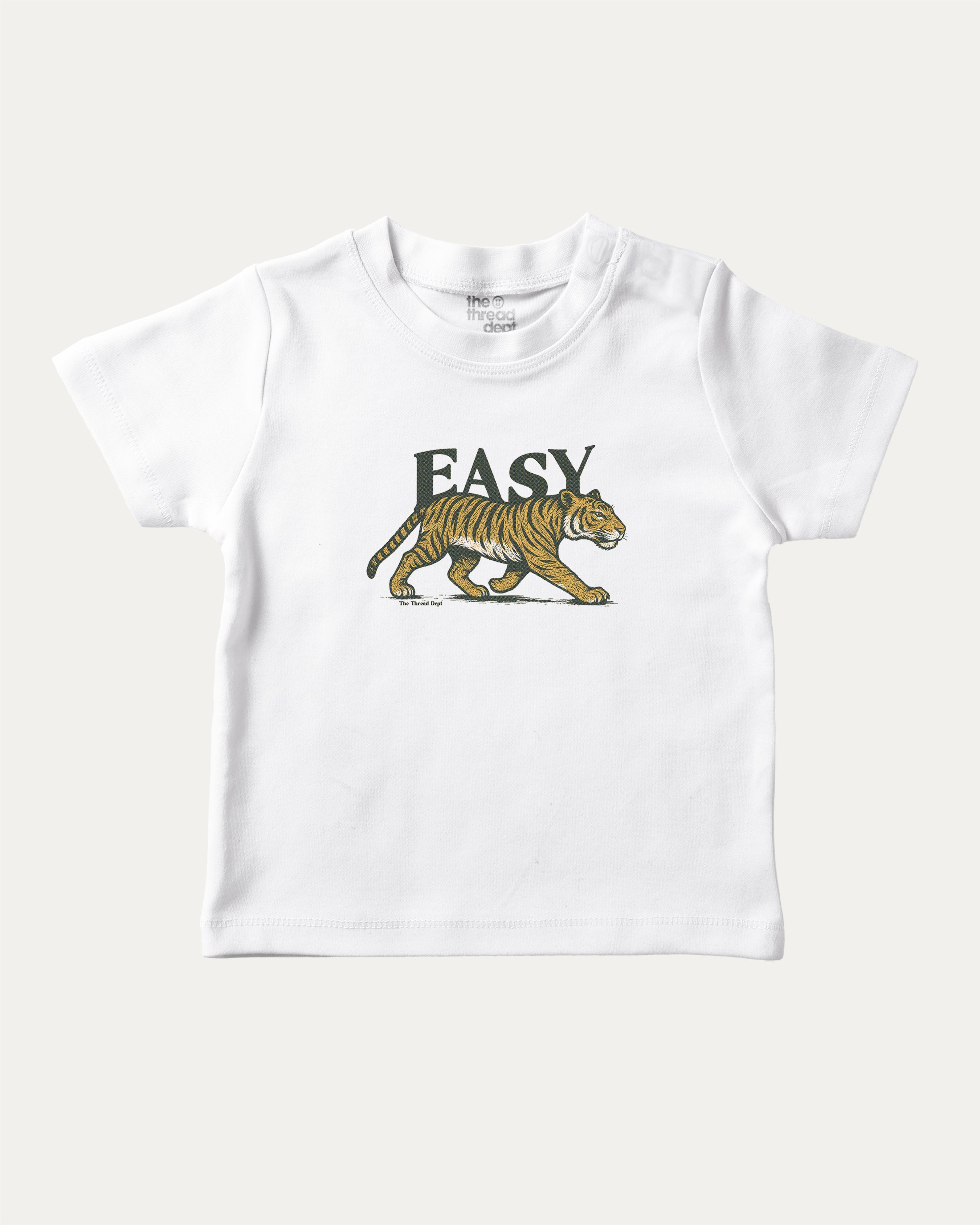 Vintage Easy Tiger graphic t-shirt with running tiger print, funny and trendy graphic. Perfect funny gifts for friends. White shirt.