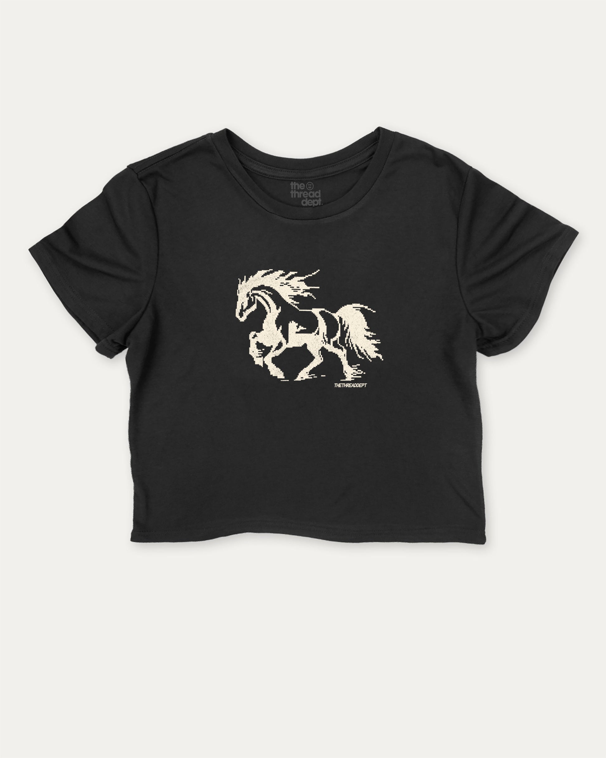 Vintage Pixel Horse cute and trendy crop tee with nostalgic graphic, perfect for friends. A must-have cropped Retro horse shirt, ideal for daily outfits and casual days. Black crop tee
