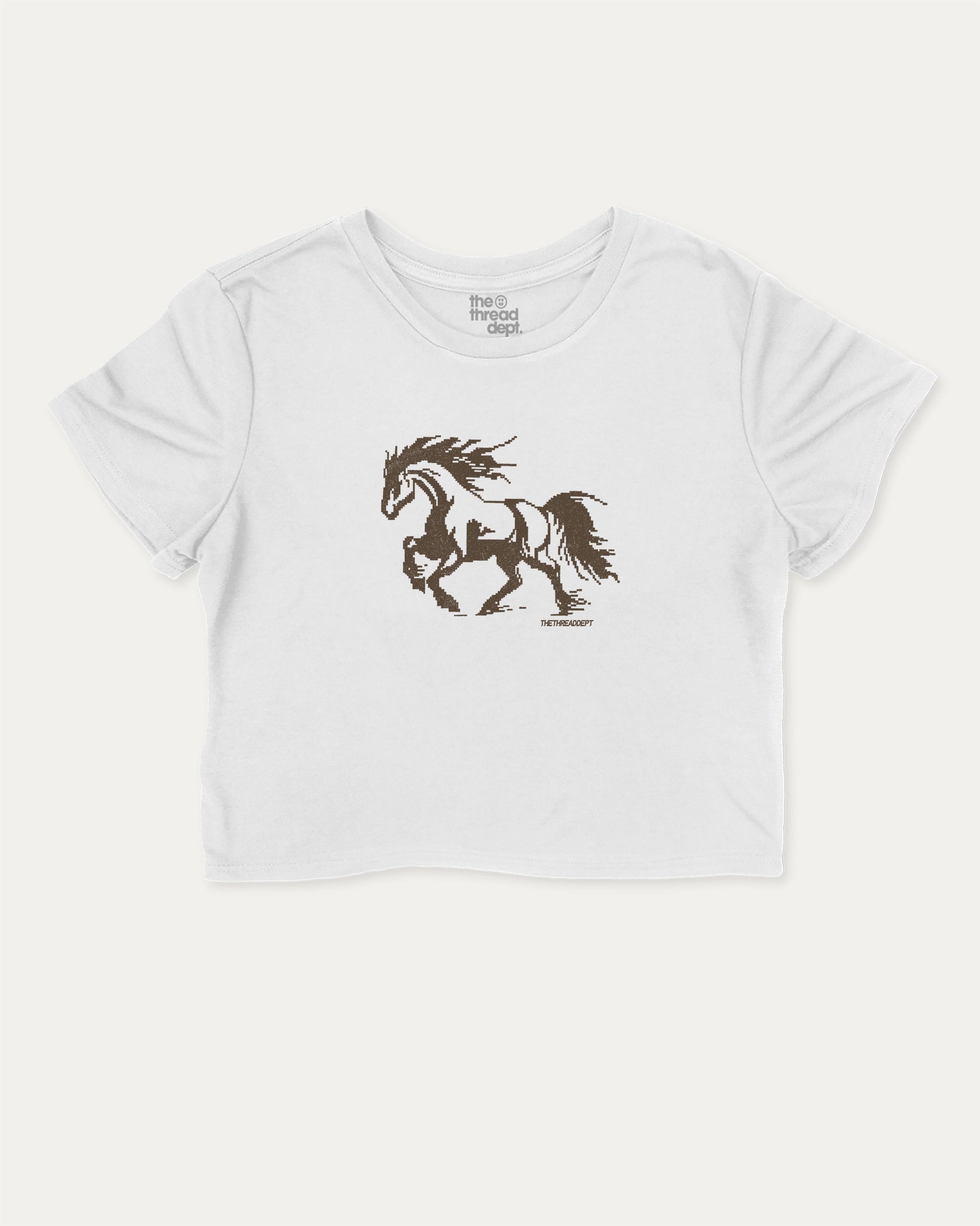 Vintage Pixel Horse cute and trendy crop tee with nostalgic graphic, perfect for friends. A must-have cropped Retro horse shirt, ideal for daily outfits and casual days. White crop tee