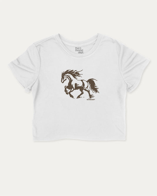 Vintage Pixel Horse cute and trendy crop tee with nostalgic graphic, perfect for friends. A must-have cropped Retro horse shirt, ideal for daily outfits and casual days. White crop tee