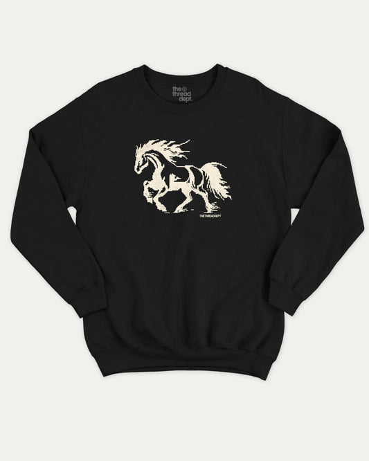 Vintage Pixel Horse pullover sweatshirt, Funny teenager gifts. Retro horse graphic pullover, comfy cold-weather wear, bold casual look. Black sweater
