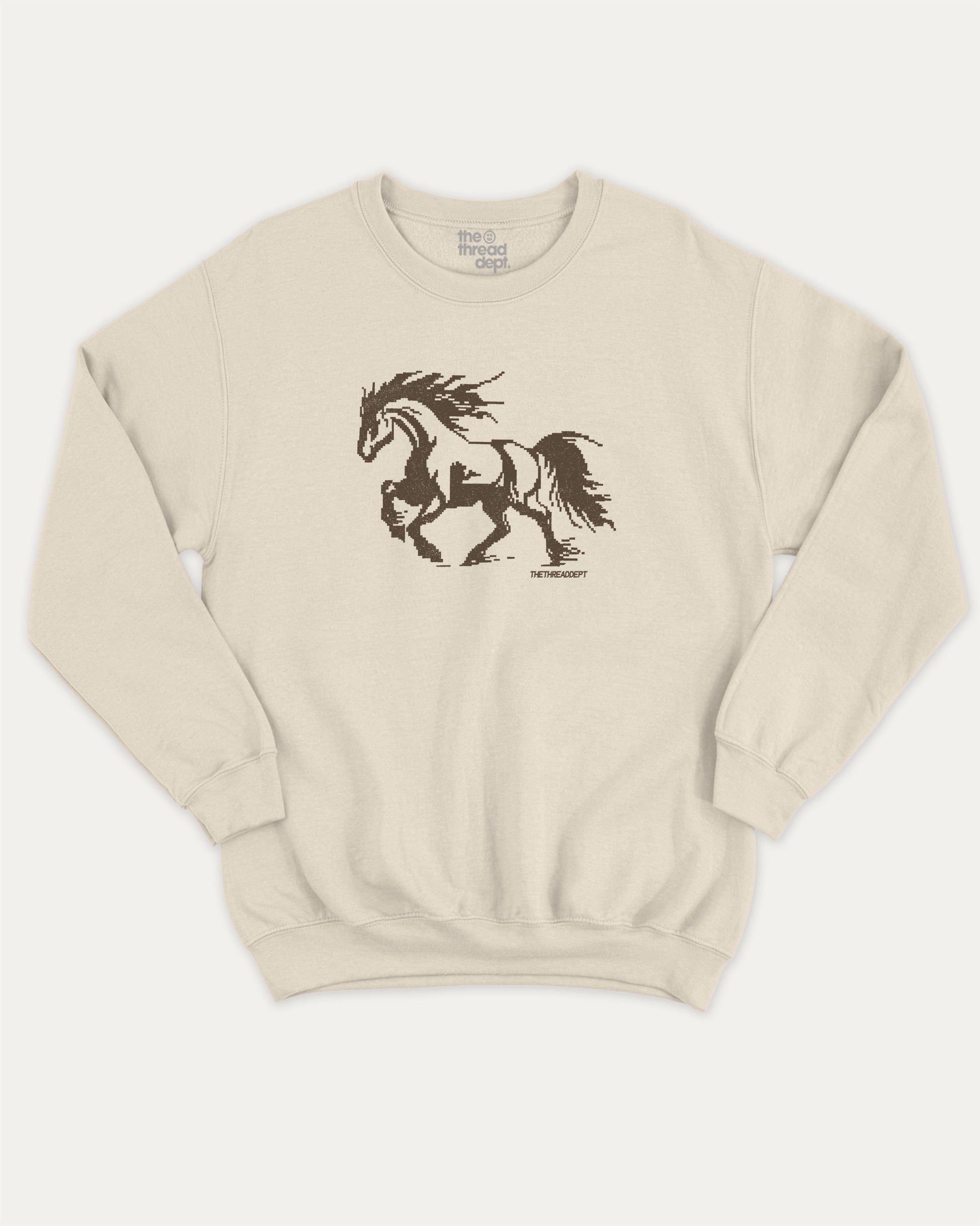 Vintage Pixel Horse pullover sweatshirt, Funny teenager gifts. Retro horse graphic pullover, comfy cold-weather wear, bold casual look. Natural sweater