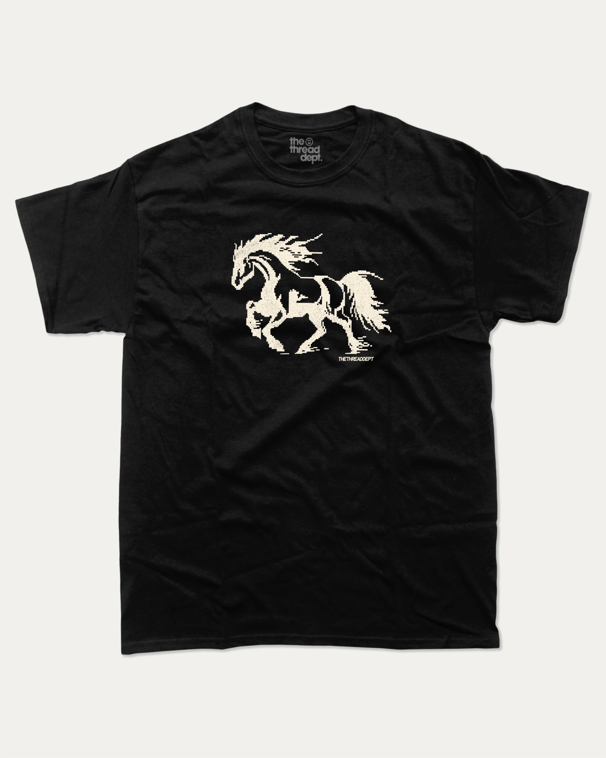 Vintage Pixel Horse graphic t-shirt, Funny teenager gifts. Retro horse graphic tee, trending meme shirt, unique gift idea. Black.