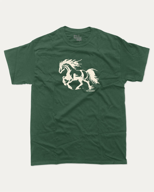 Vintage Pixel Horse graphic t-shirt, Funny teenager gifts. Retro horse graphic tee, trending meme shirt, unique gift idea. Forest.