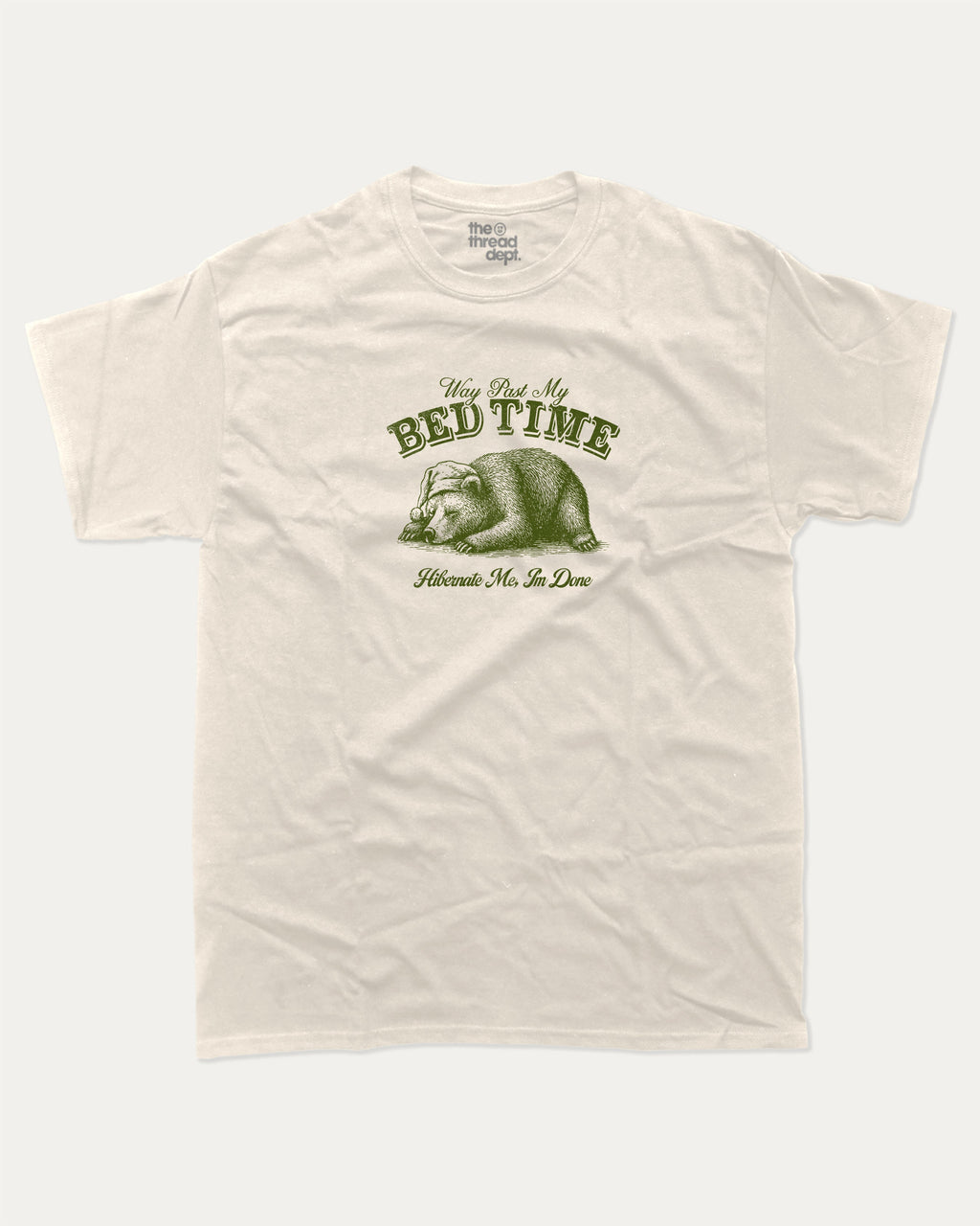 Way Past My Bed Time graphic tee with bold and humorous print, funny and trendy graphic. Retro Inspired Funny Animal T shirt, Vintage Inspired Funny Bear Graphic T shirt,  Perfect for adults and gift-giving. Cream shirt.