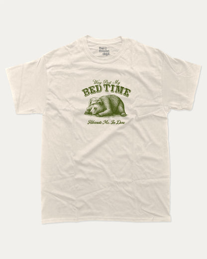 Way Past My Bed Time graphic tee with bold and humorous print, funny and trendy graphic. Retro Inspired Funny Animal T shirt, Vintage Inspired Funny Bear Graphic T shirt,  Perfect for adults and gift-giving. Cream shirt.