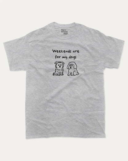 Weekends Are For My Dogs graphic t-shirt, perfect for adults. Cute Animal Tees, Funny Animal Graphic Tee, Humorous Words Tee, trending meme shirt, unique gift idea. Heather Grey.