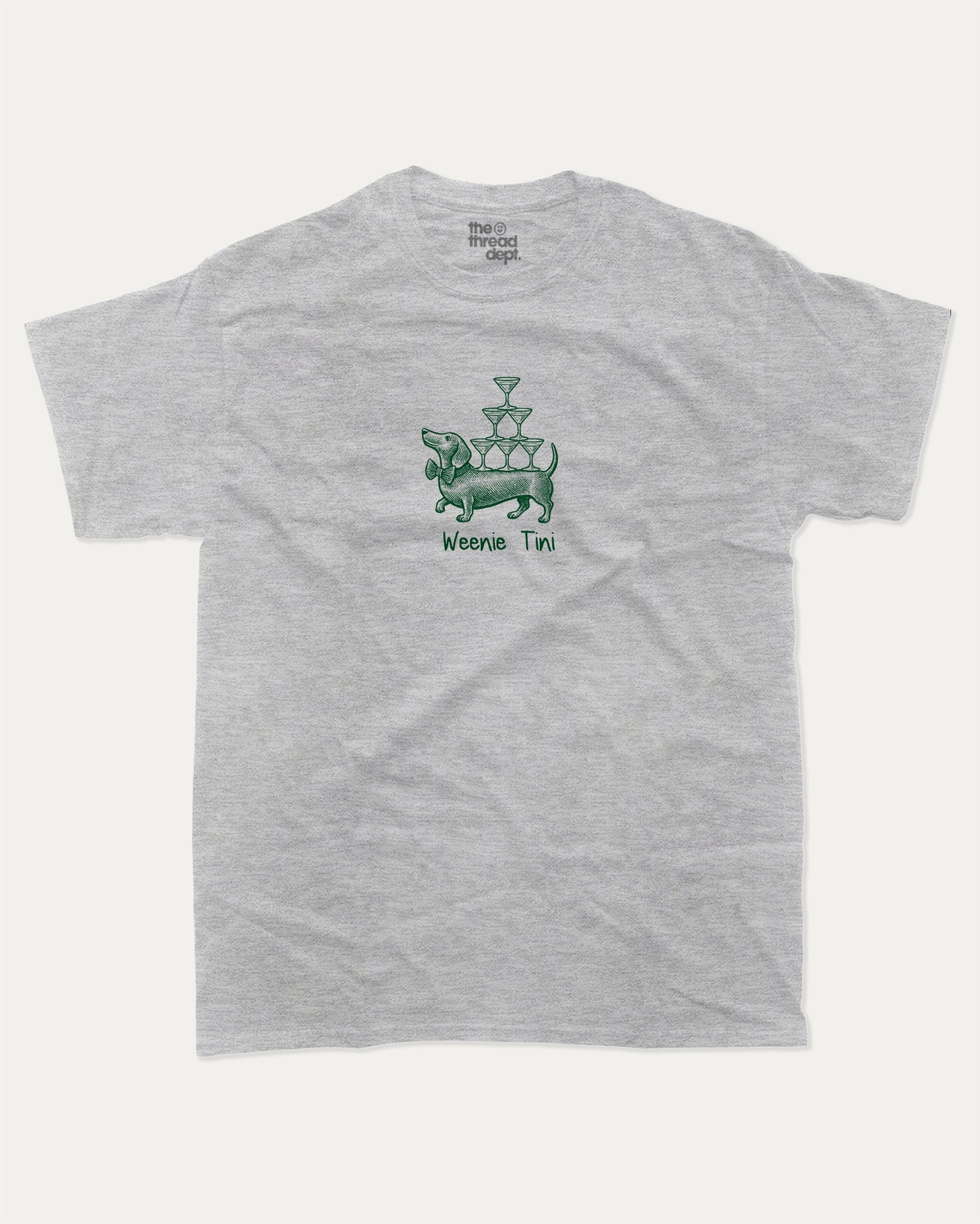 Weenie Tini graphic t-shirt, Cute Dog Graphic T shirt, Docs Hund T shirt, Wiener Dog T shirt, Dog lover T shirt,. A must-have funny tee, trending meme shirt, unique gift idea. Heather Grey.