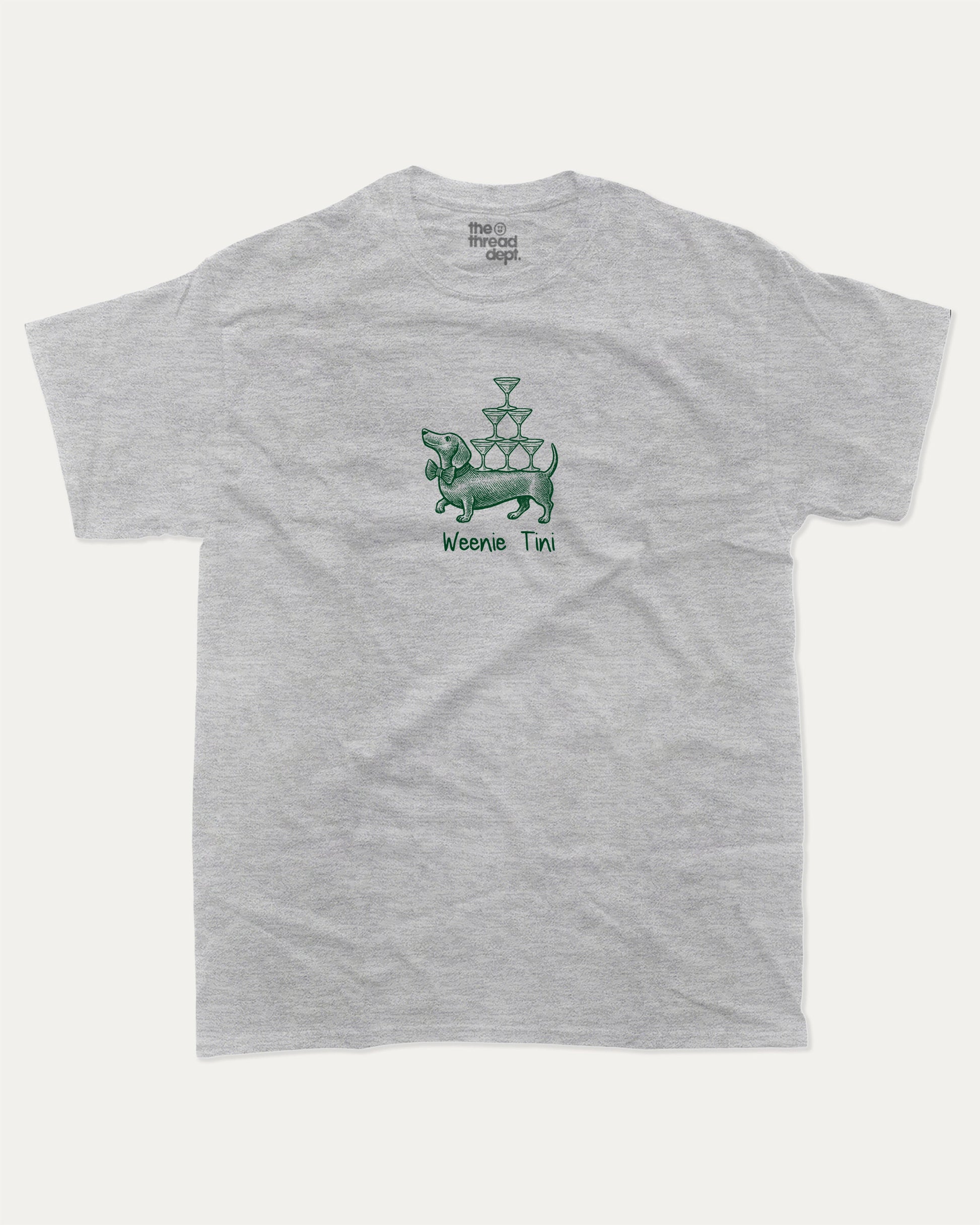 Weenie Tini graphic t-shirt, Cute Dog Graphic T shirt, Docs Hund T shirt, Wiener Dog T shirt, Dog lover T shirt,. A must-have funny tee, trending meme shirt, unique gift idea. Heather Grey.