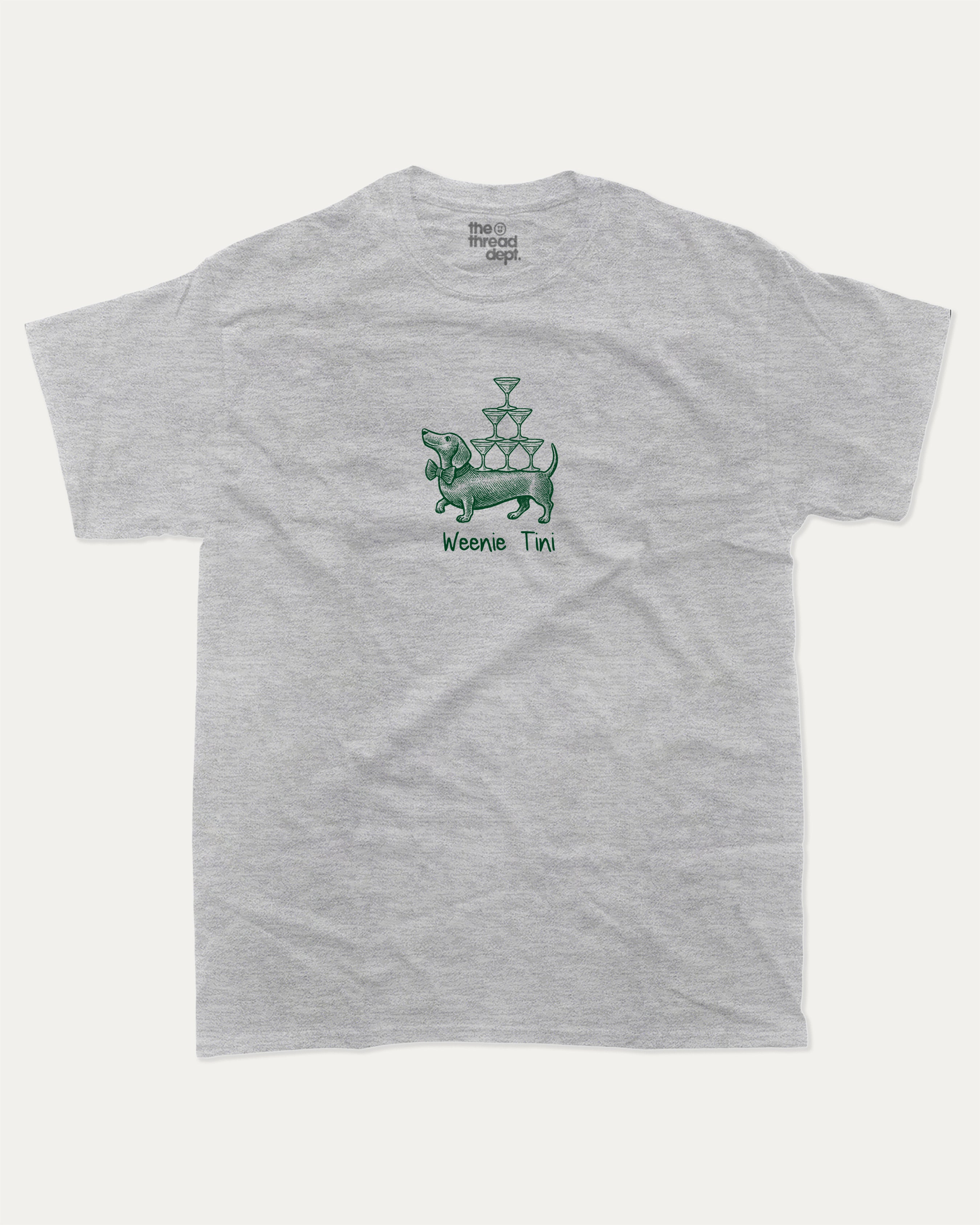 Weenie Tini graphic t-shirt, Cute Dog Graphic T shirt, Docs Hund T shirt, Wiener Dog T shirt, Dog lover T shirt,. A must-have funny tee, trending meme shirt, unique gift idea. Heather Grey.