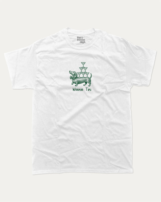 Weenie Tini graphic t-shirt, Cute Dog Graphic T shirt, Docs Hund T shirt, Wiener Dog T shirt, Dog lover T shirt,. A must-have funny tee, trending meme shirt, unique gift idea. White.