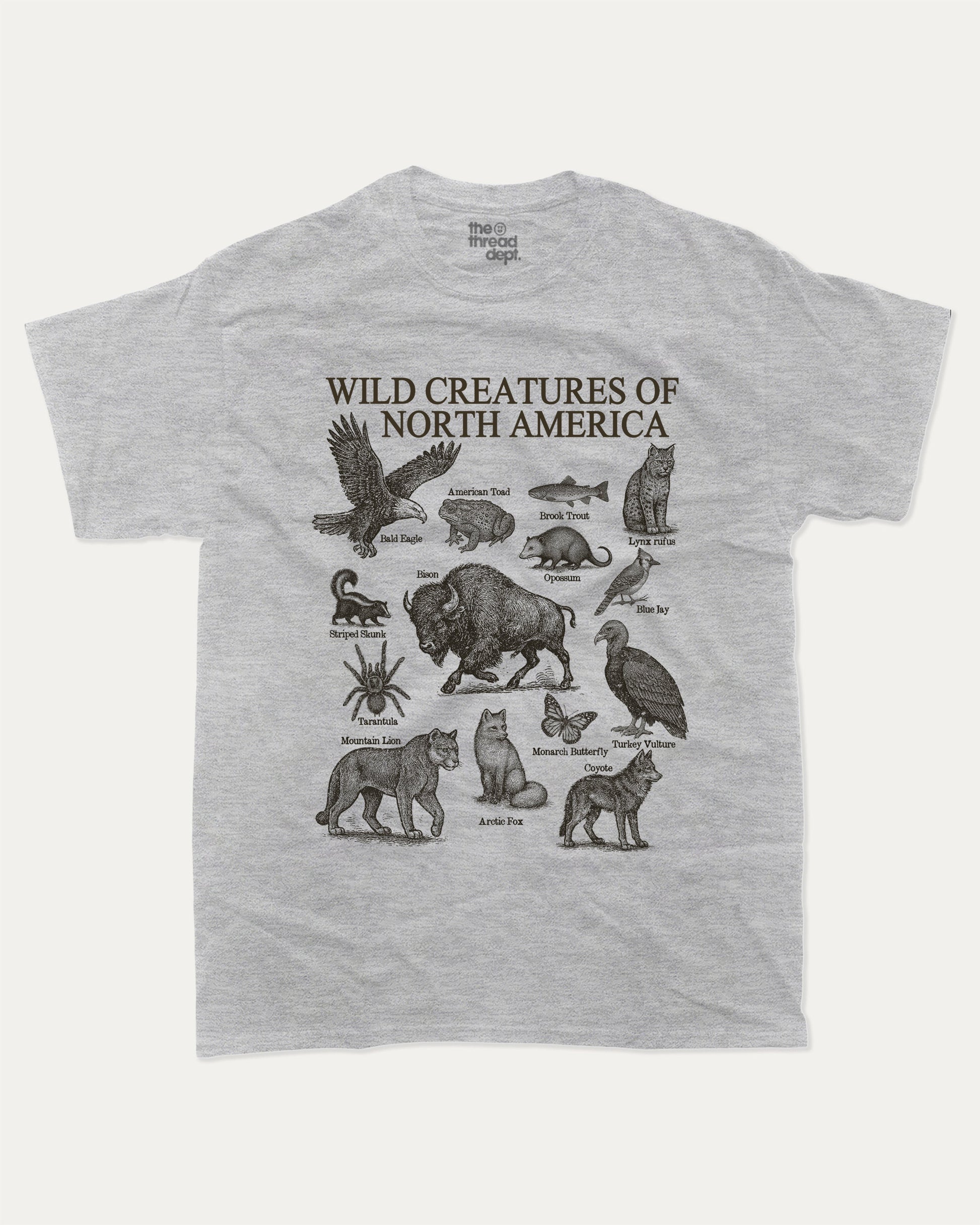 Wild Creatures of North America graphic t-shirt, Animal T shirt, Saving Animals T shirt, North America's Animal T shirt, A must-have funny tee, trending meme shirt, unique gift idea. Heather Grey.
