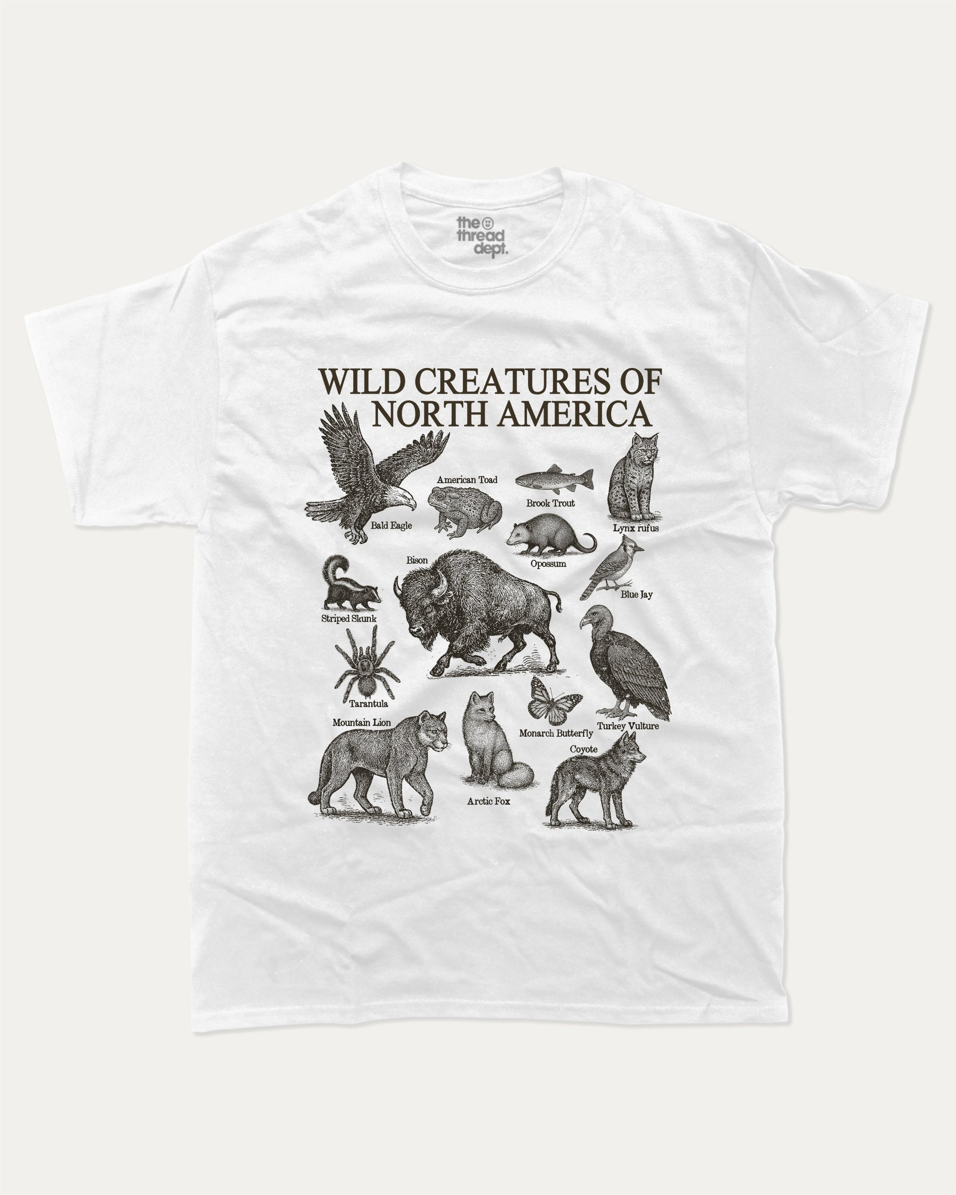 Wild Creatures of North America graphic t-shirt, Animal T shirt, Saving Animals T shirt, North America's Animal T shirt, A must-have funny tee, trending meme shirt, unique gift idea. White.