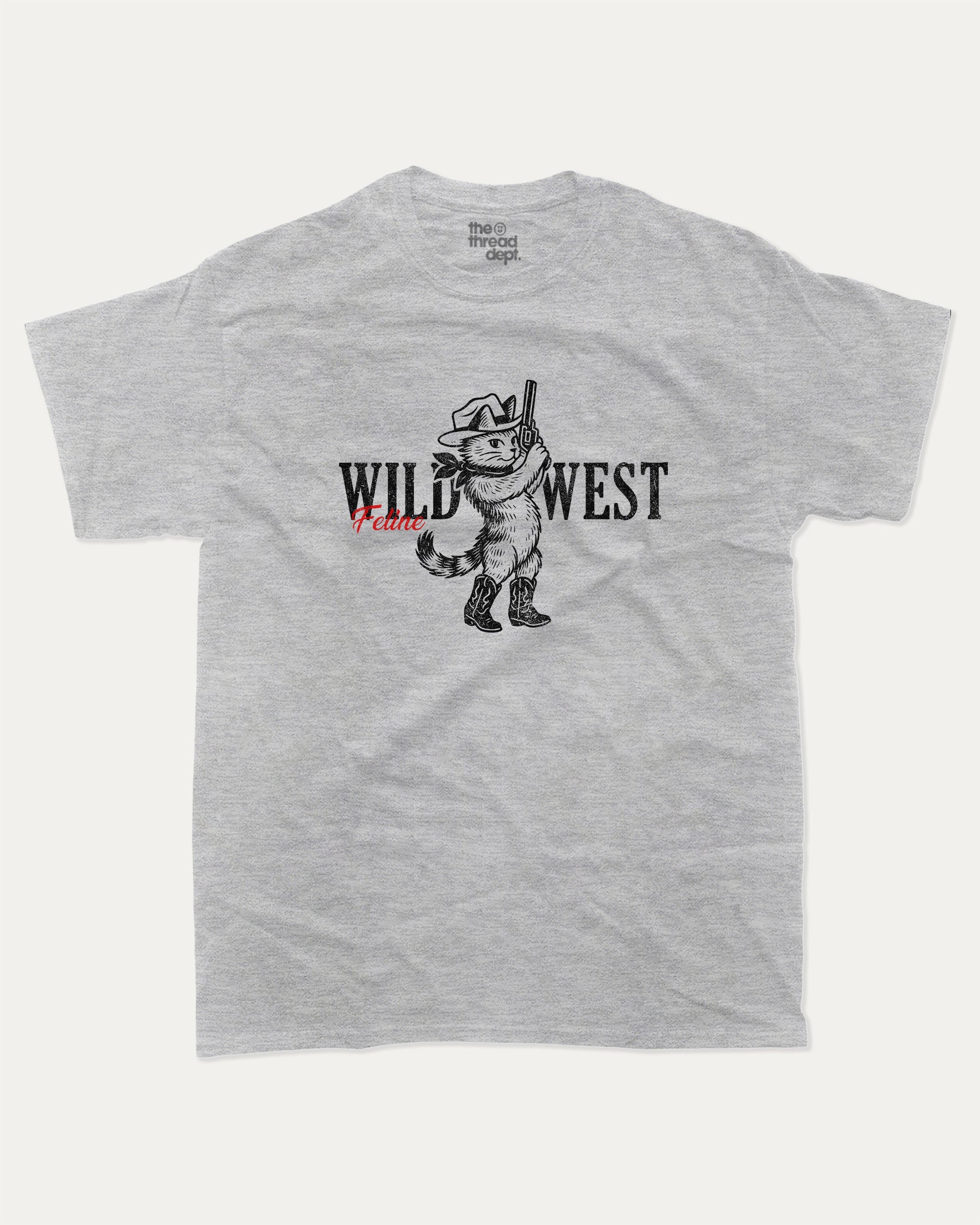 Wild West Feline graphic t-shirt, Vintage-style animal graphic T-shirt featuring playful dog and cat illustrations, Cute cartoon animals printed on retro aesthetic T-shirt design. A must-have funny tee, trending meme shirt, unique gift idea. Heather Grey.