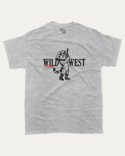 Wild West Feline graphic t-shirt, Vintage-style animal graphic T-shirt featuring playful dog and cat illustrations, Cute cartoon animals printed on retro aesthetic T-shirt design. A must-have funny tee, trending meme shirt, unique gift idea. Heather Grey.
