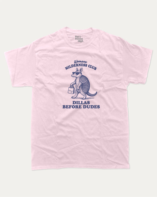Women's Wilderness Club graphic t-shirt, perfect for adults. A must-have funny tee, trending meme shirt, unique gift idea. Pink.