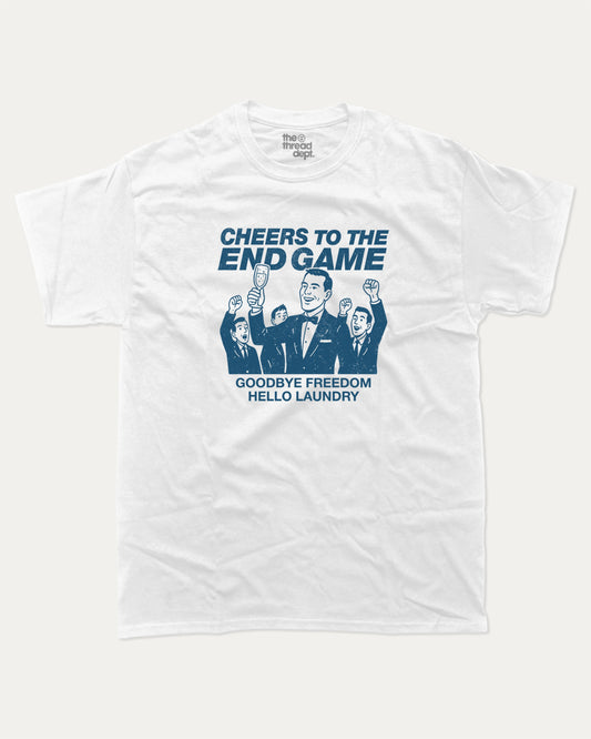 Cheers To the End Game graphic t-shirt, Grooms men shirt, Bachelor Party Graphic Tees, Bachelorette party T shirt, Bridal party tees,. A must-have funny tee, trending meme shirt, unique gift idea. White.