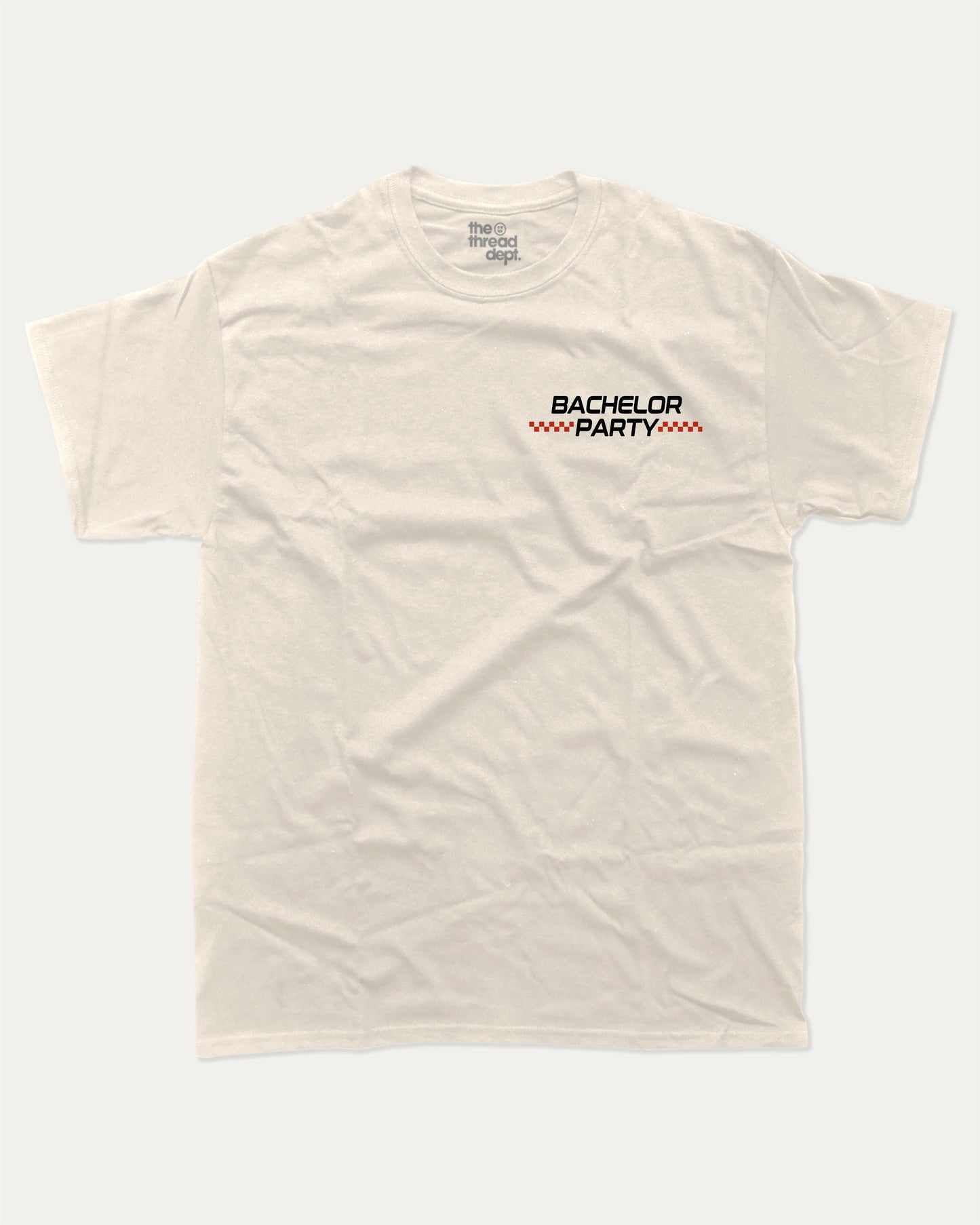Final Lap Racing Bachelor Party graphic t-shirt, perfect for adults. Funny Bachelor paty tee, trending meme shirt, unique gift idea. Cream.