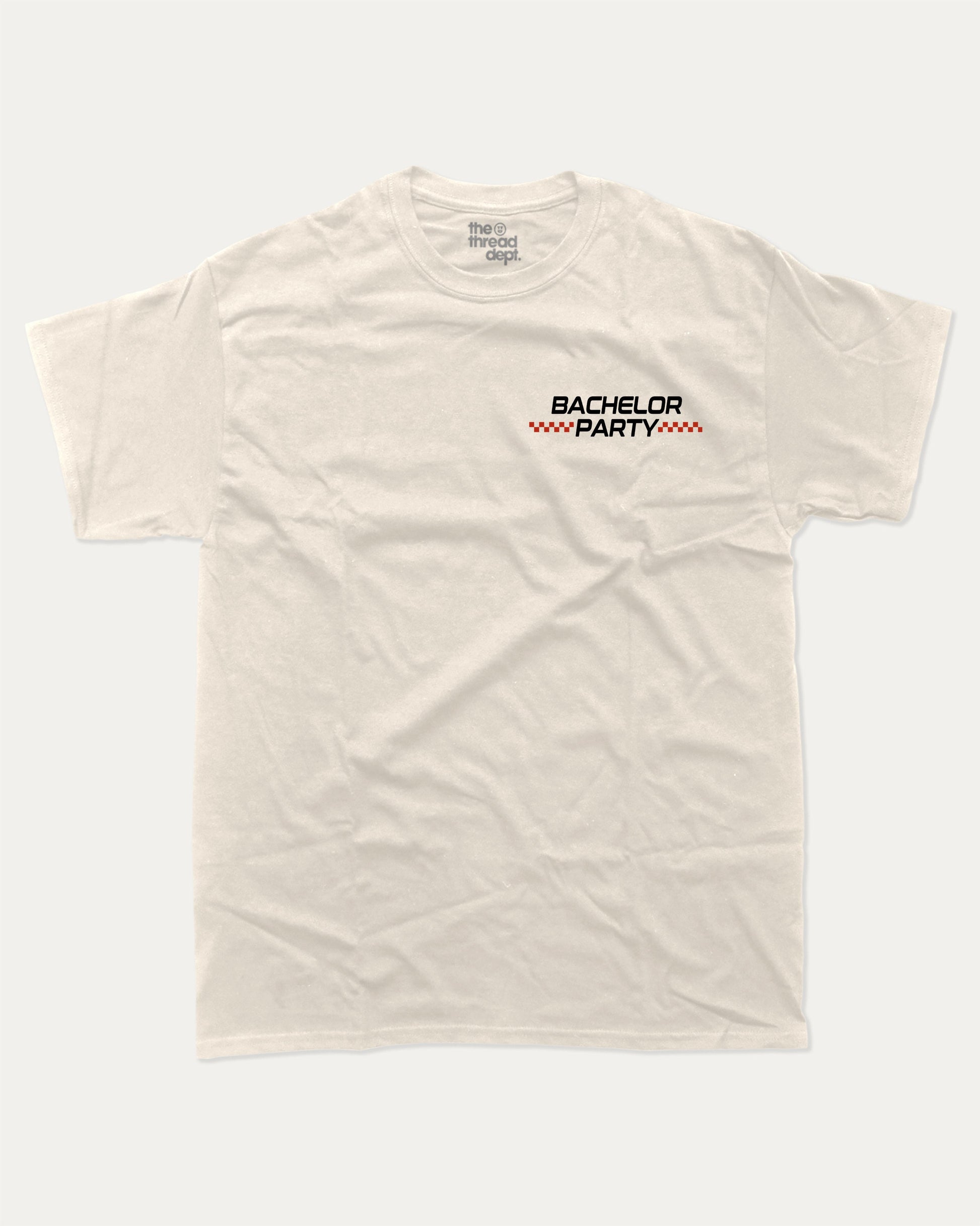 Final Lap Racing Bachelor Party graphic t-shirt, perfect for adults. Funny Bachelor paty tee, trending meme shirt, unique gift idea. Cream.