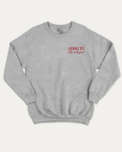 Going To The Chapel In Style pullover sweatshirt, perfect for adults. Bachelor Bachelorette Party graphic pullover, comfy cold-weather wear, bold casual look. Heather Grey sweater