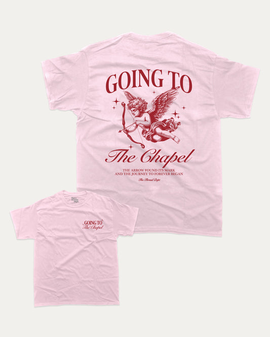 Going To The Chapel In Style graphic t-shirt, perfect for adults. Bachelor Bachelorette Party tee, trending meme shirt, unique gift idea. Pink.