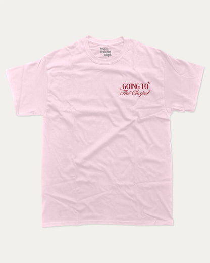Going To The Chapel In Style graphic t-shirt, perfect for adults. Bachelor Bachelorette Party tee, trending meme shirt, unique gift idea. Pink.