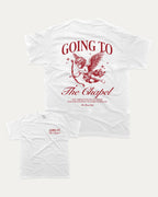 Going To The Chapel In Style graphic t-shirt, perfect for adults. Bachelor Bachelorette Party tee, trending meme shirt, unique gift idea. White.