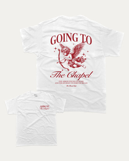 Going To The Chapel In Style graphic t-shirt, perfect for adults. Bachelor Bachelorette Party tee, trending meme shirt, unique gift idea. White.