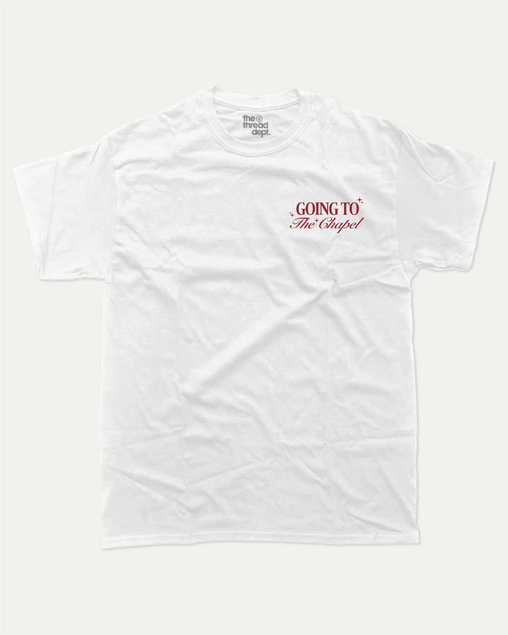 Going To The Chapel In Style graphic t-shirt, perfect for adults. Bachelor Bachelorette Party tee, trending meme shirt, unique gift idea. White.