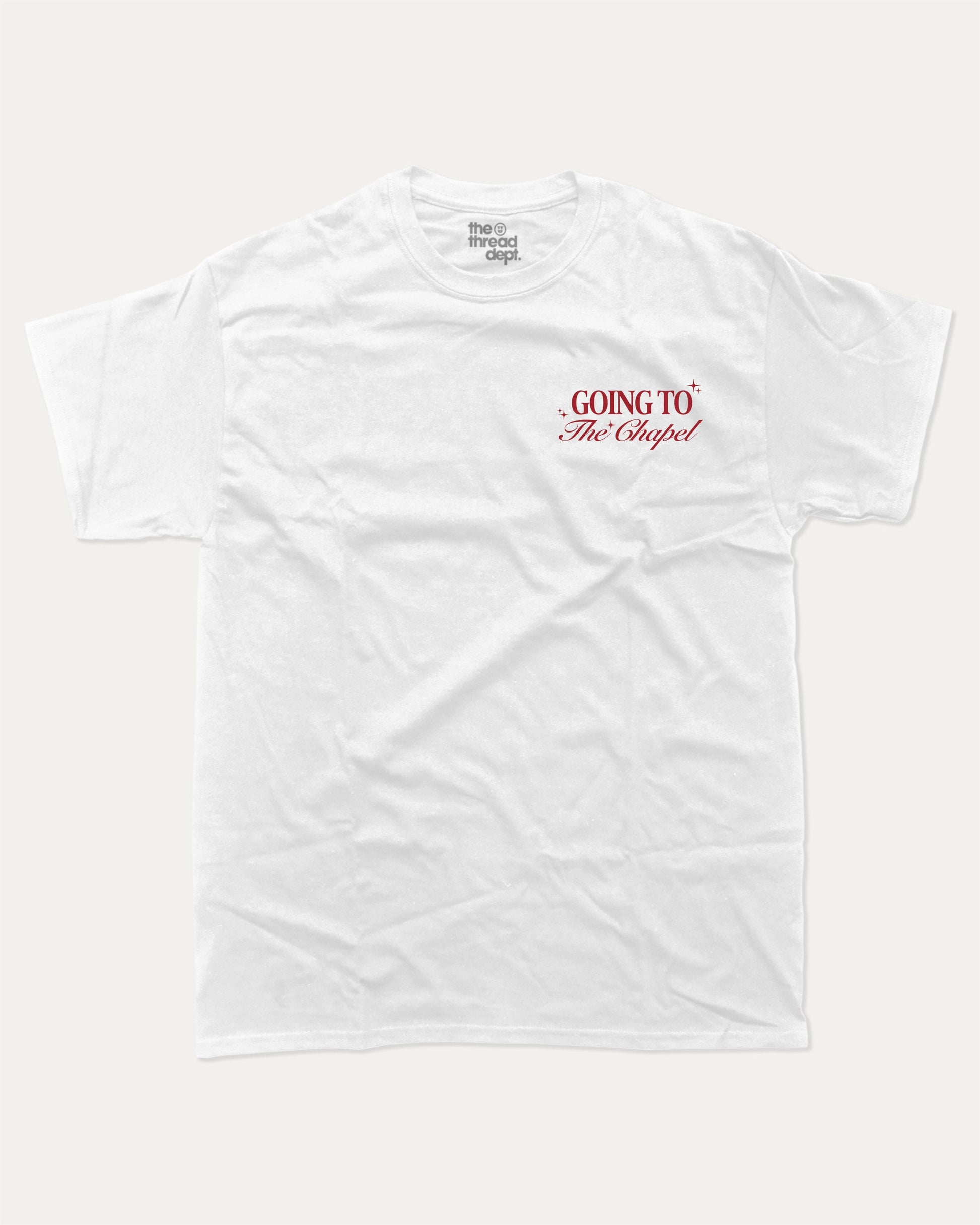 Going To The Chapel In Style graphic t-shirt, perfect for adults. Bachelor Bachelorette Party tee, trending meme shirt, unique gift idea. White.