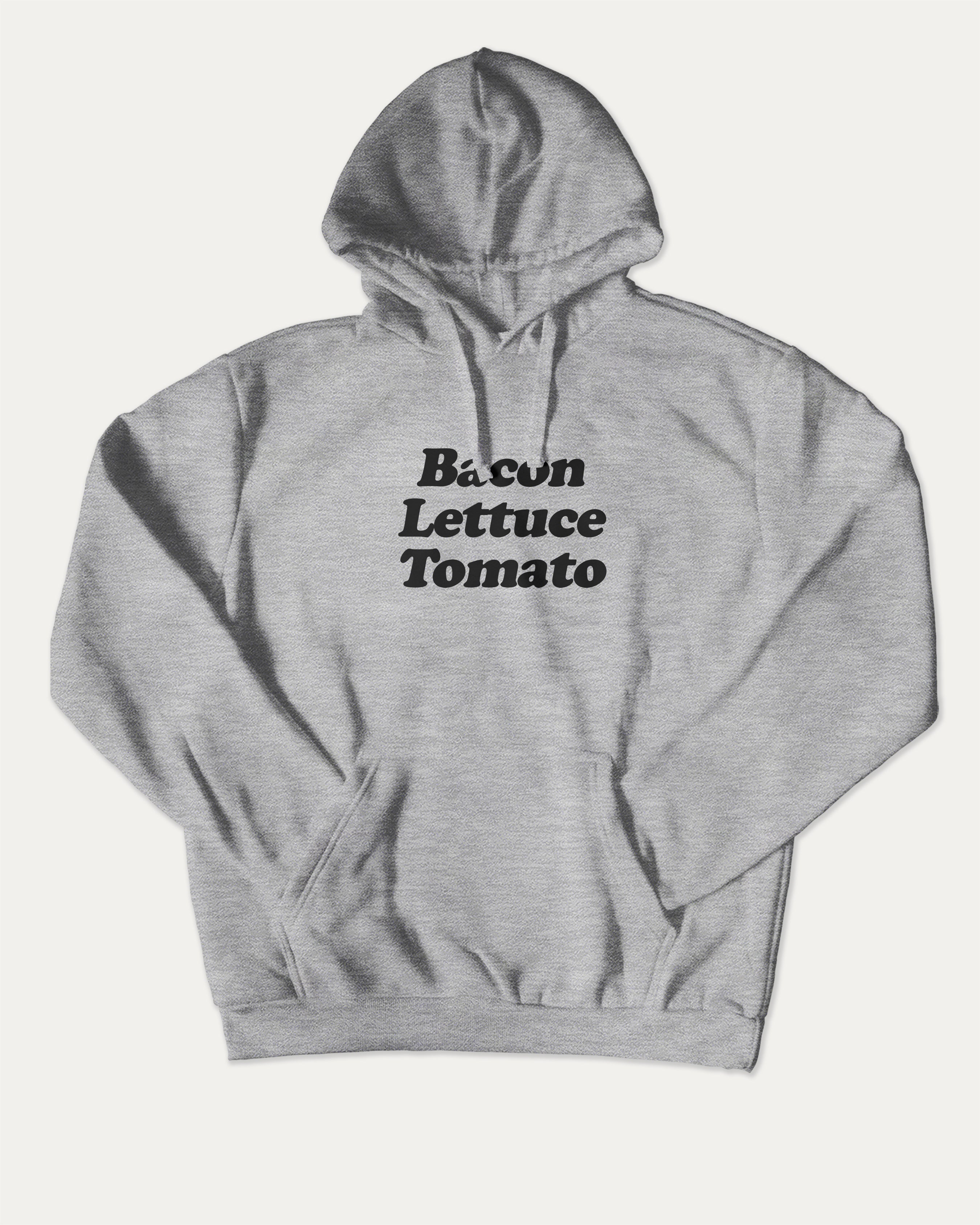 Bacon Lettuce Tomato graphic hoodie with retro and trendy artwork, casual streetwear with bold personality. Great for adults and gifting. Heather Grey hoodie.