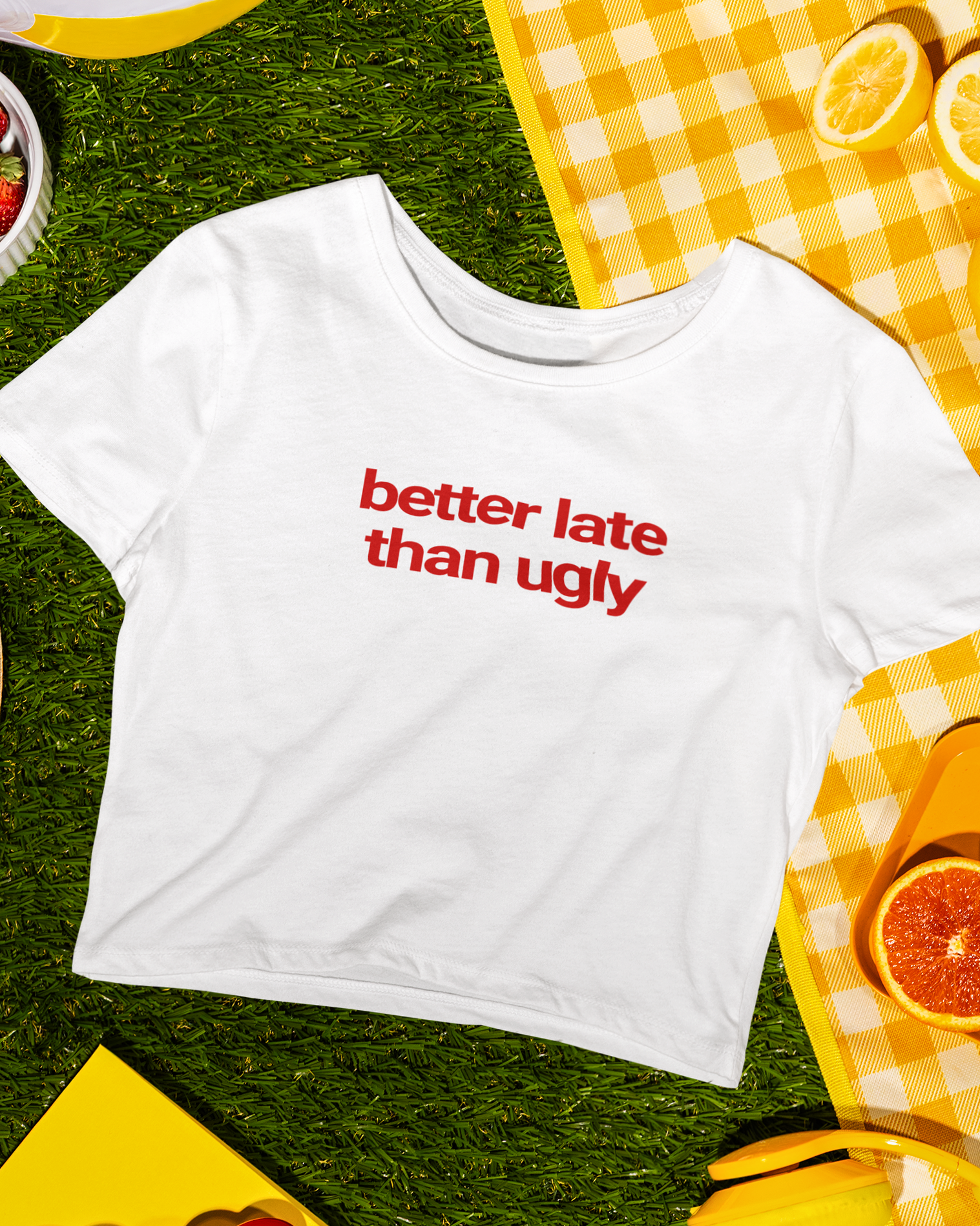 White t-shirt with 'better late than ugly' text on grass with picnic items.