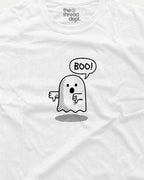 White t-shirt with a black ghost illustration and 'BOO!' text on a white background